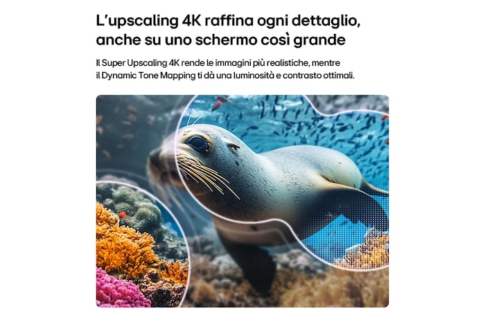 TV 85 pollici LG NANO 4K UHD AI NU85, dimostrazione del Super Upscaling 4K che raffina i dettagli di un'immagine marina aumentando la nitidezza.